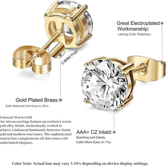 Women's 14K Gold Plated CZ Stud Earrings Simulated Diamond Round Cubic Zirconia - Picture 5 of 9